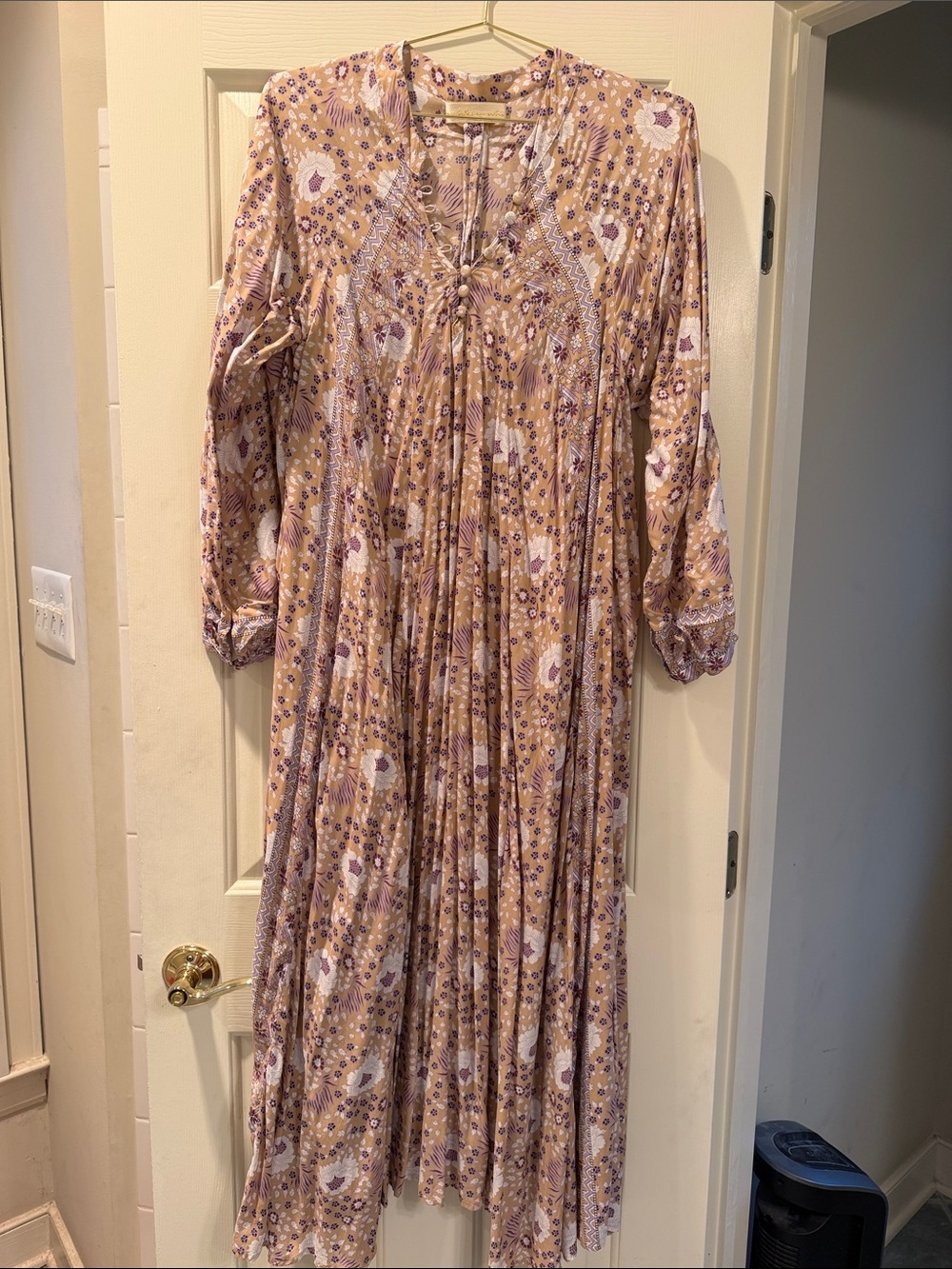 Natalie Martin Beige and Lavender Floral Long Sleeve Maxi Dress